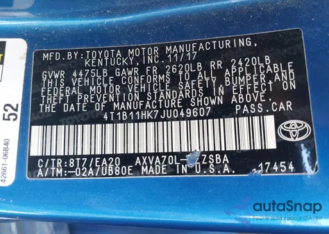 2018 Toyota Camry Se z USA, uszkodzony, nr VIN 4T1B11HK7JU049607